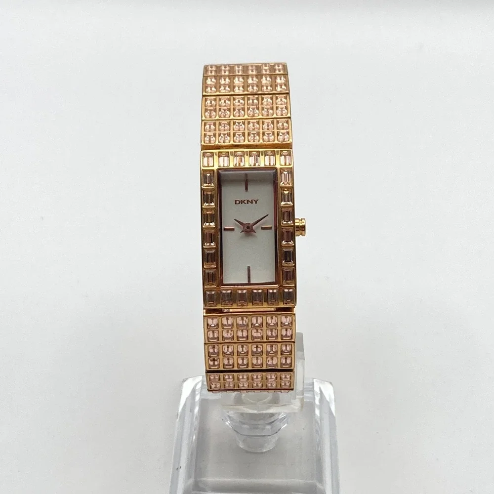 DKNY Women's Tank Watch 18mm Rose Gold Tone Champaign Crystals New Battery 7.25